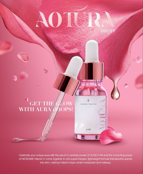 A high-quality 4:5 ratio ad for a facial serum, utilizing a soft pink rose petal backdrop to emphasize a premium, natural product glow.